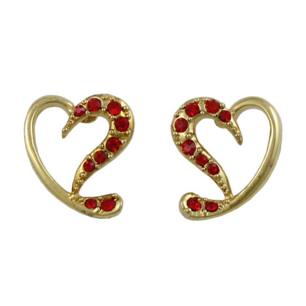 Gold with Red Crystals Stylized Heart Pierced Earring - PRF323E - Lilylin Designs