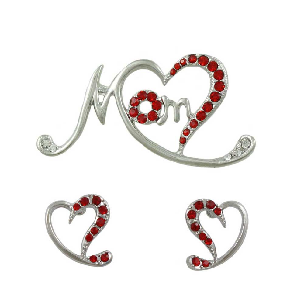 Silver Stylized Red Heart MOM Pin and Earring Set - PRF323SBS - Lilylin Designs