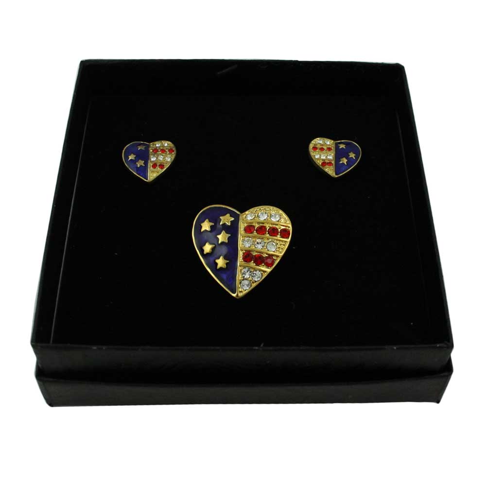 Gold Patriotic Heart Brooch Pin and Clip Earring Gift Set - PRF353BS - Lilylin Designs