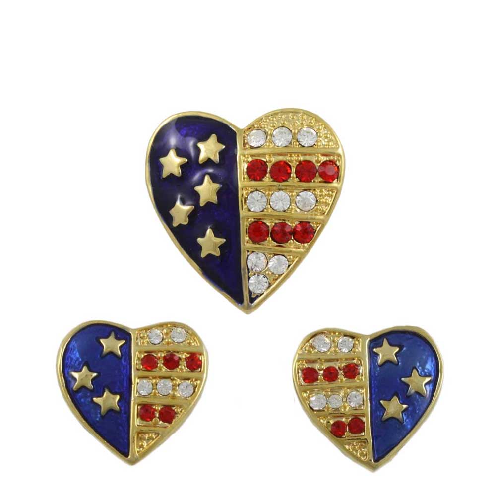 Gold Patriotic Heart Brooch Pin and Clip Earring Gift Set - PRF353BS - Lilylin Designs