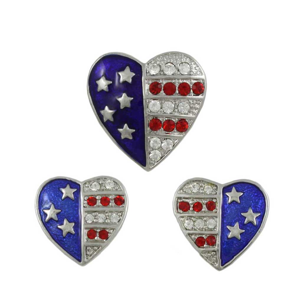 Silver Single Patriotic Heart Brooch Pin and Earring Gift Set - PRF353SBS - Lilylin Designs