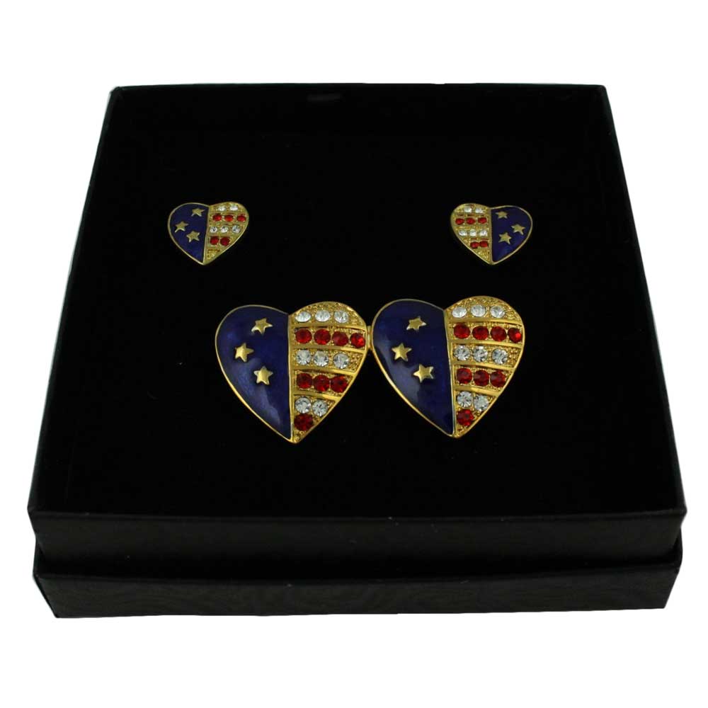 Lilylin Designs Gold Double Patriotic Heart Brooch Pin and Earring Boxed Set