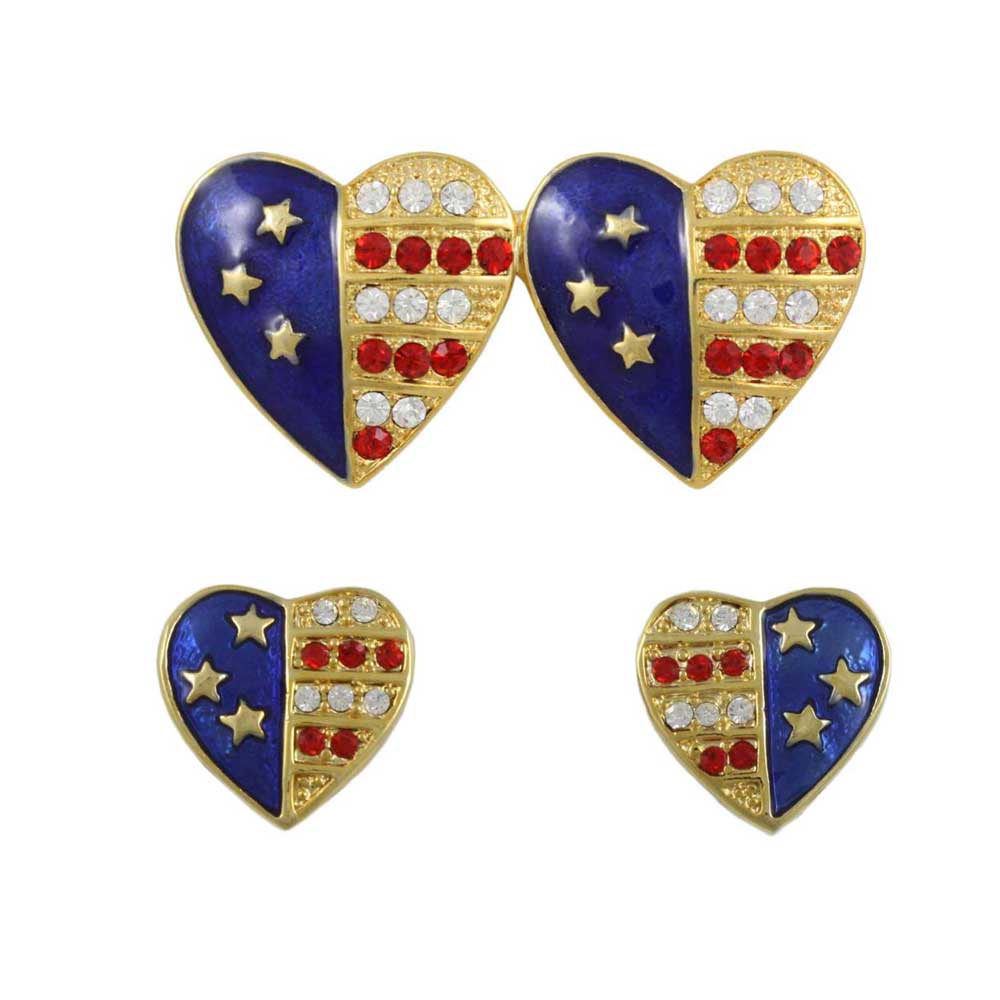 Gold Double Patriotic Heart Brooch Pin and Earring Boxed Set - PRF354BSC - Lilylin Designs