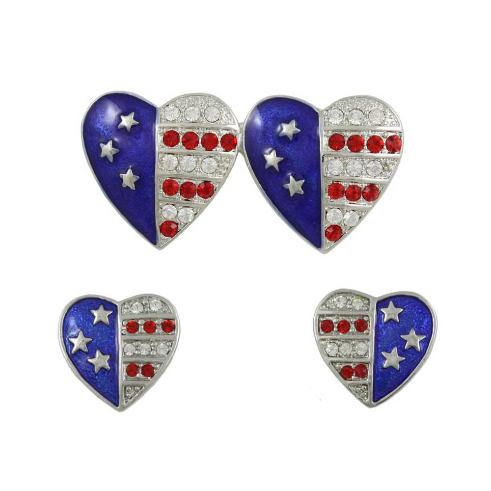Silver Double Patriotic Hearts Brooch Pin and Earring Set - PRF354SBS - Lilylin Designs