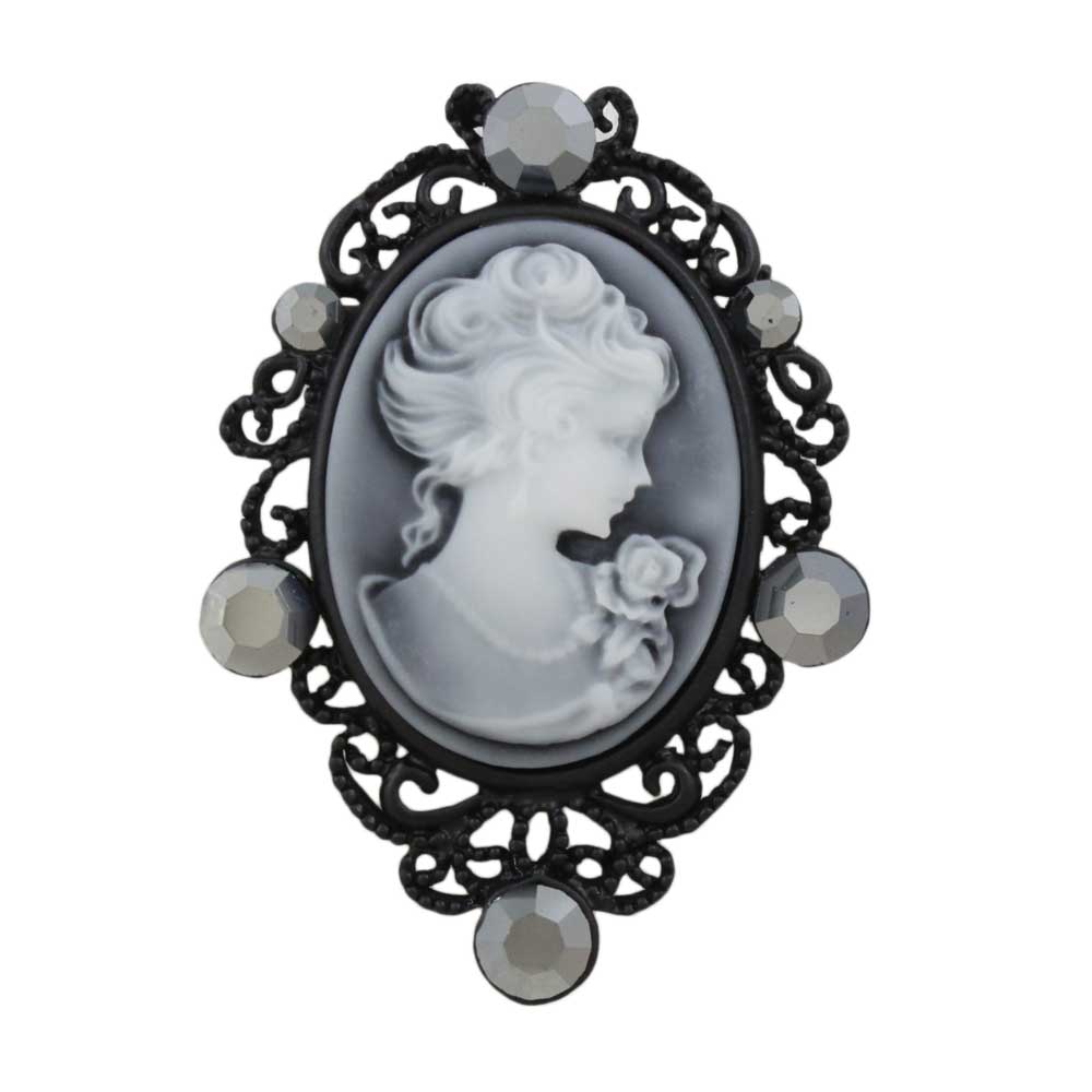 Black Cameo with Hematite Gray Crystals Brooch Pin - PRF361 - Lilylin Designs