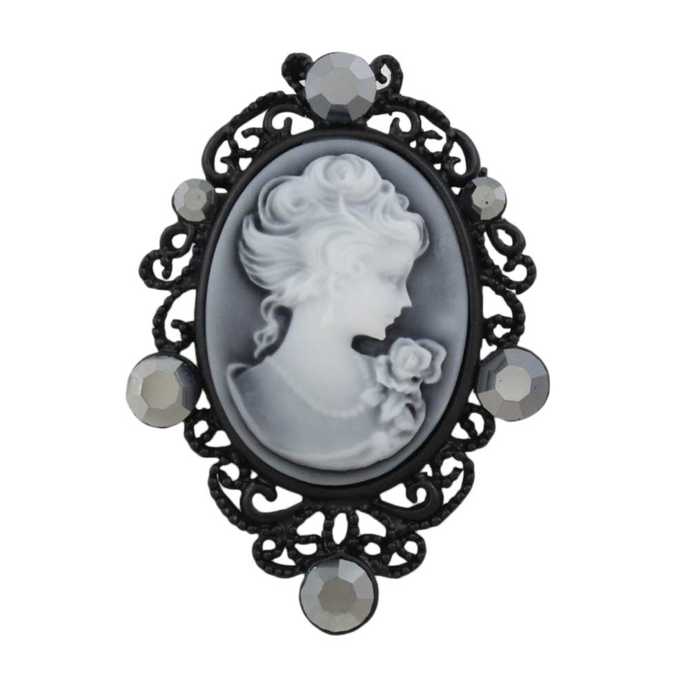 Lilylin Designs Black Cameo with Hematite Gray Crystals Brooch Pin