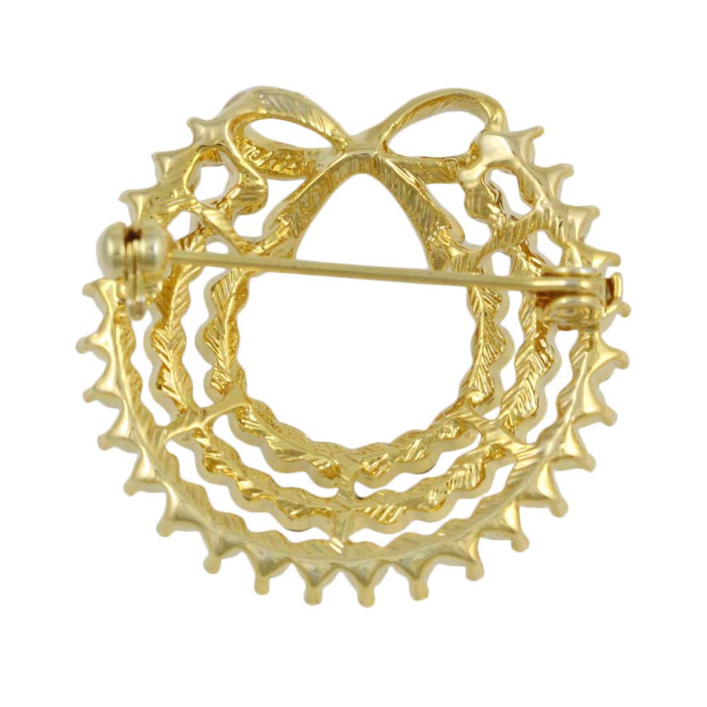 Clear Crystals Wreath with Gold Bow Brooch Pin - PRF411 - Lilylin Designs