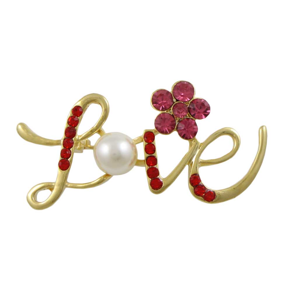 Red Crystal Love with Pearl and Crystal Daisy Brooch Pin - PRF412 - Lilylin Designs
