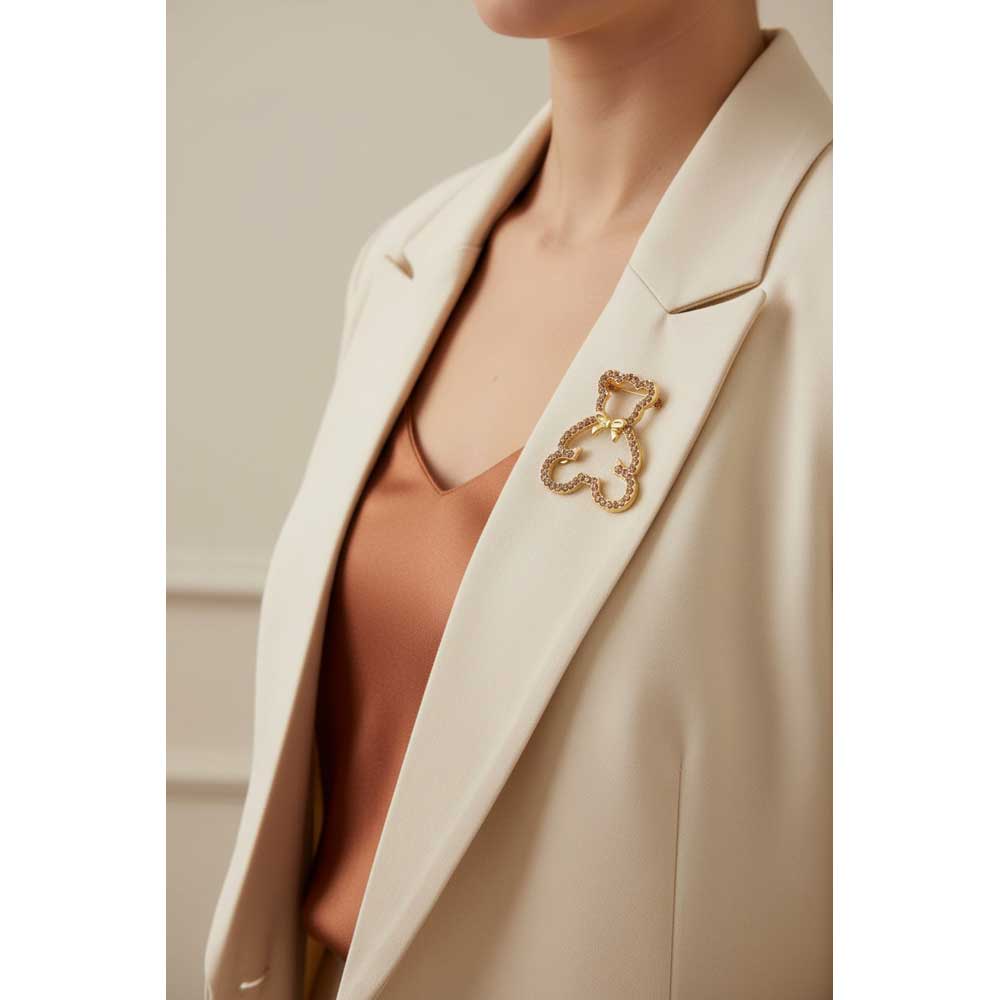 Light Brown Crystal Teddy Bear Brooch Pin - PRF413