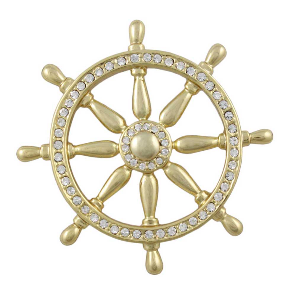 Gold Crystal Ship's Wheel Brooch Pin - PRF511