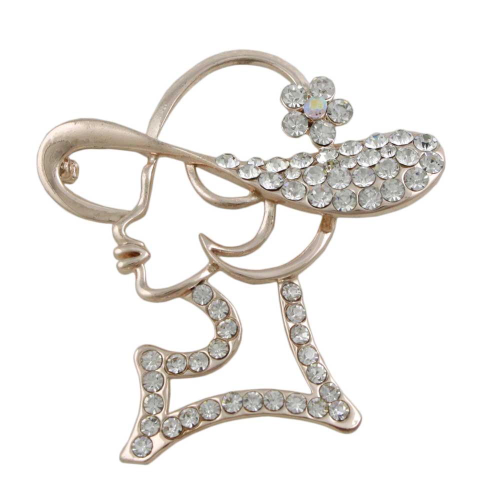Lady with Crystal Hat Brooch Pin in Rose Gold - PRF519 - Lilylin Designs