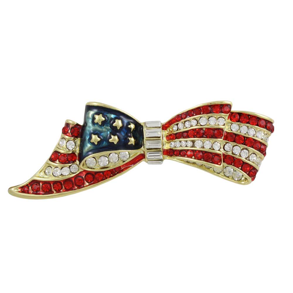 Lilylin Designs Gold Patriotic Red White Blue Crystal Bow Brooch Pin