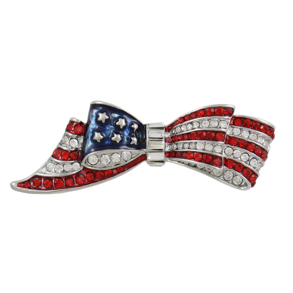 Silver Red White Blue Patriotic Bow Brooch Pin - PRF846S - Lilylin Designs