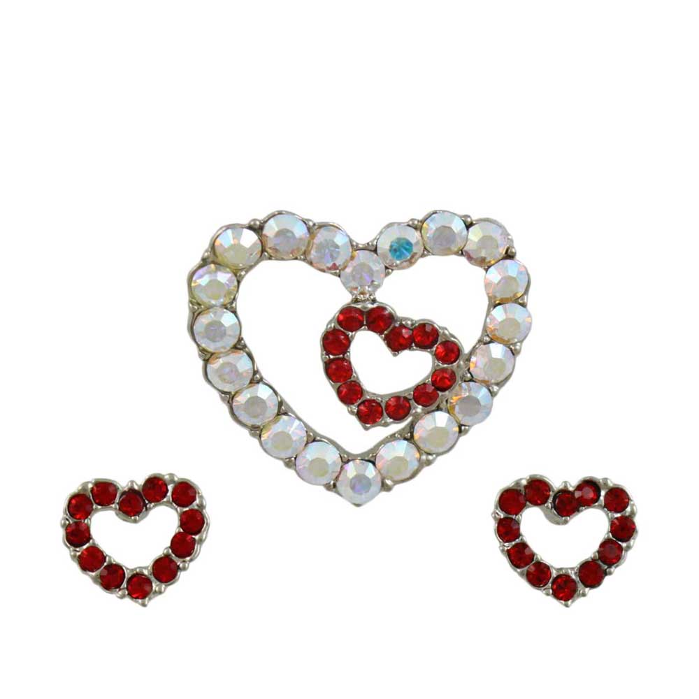Lilylin Designs Crystal AB Heart Brooch Pin with Red Heart Stud Earring Set