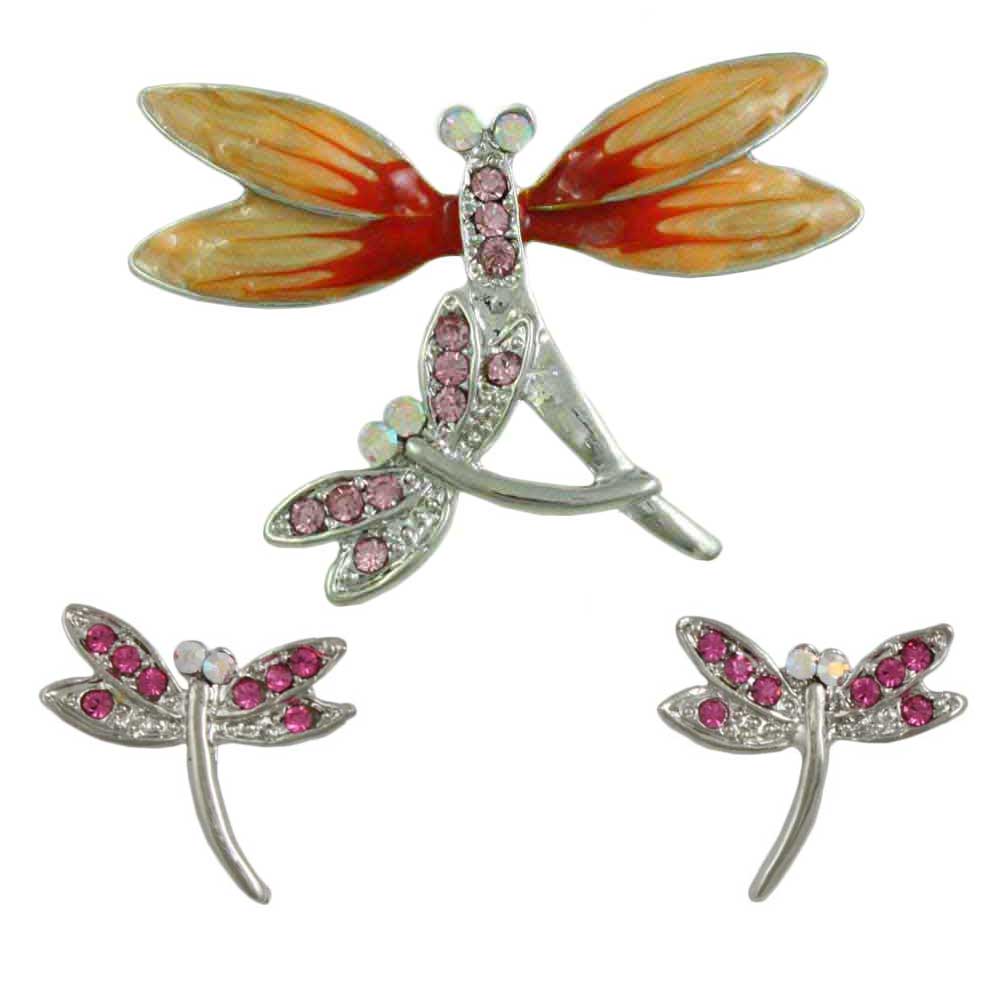 Crystal Dragonfly Brooch Pin and Earring Boxed Set - PRI078FBS - Lilylin Designs