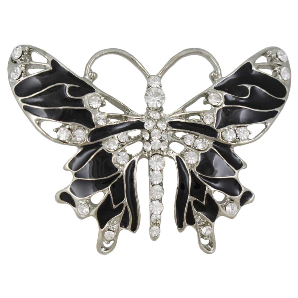 Lilylin Designs Black Enamel Butterfly Brooch Pin with Clear Crystals