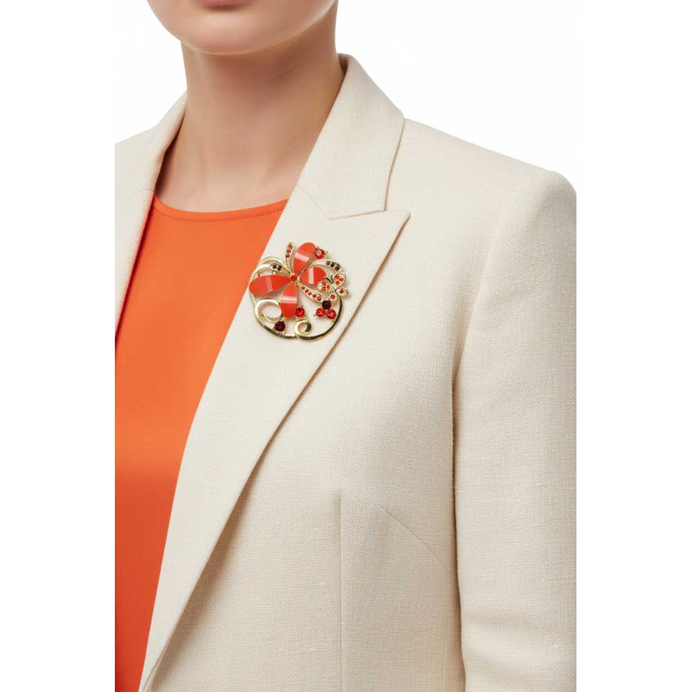 Orange Resin and Crystal Butterflies Brooch Pin - PRI081P