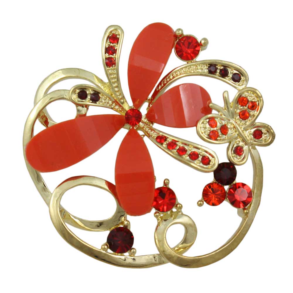 Orange Resin and Crystal Butterflies Brooch Pin - PRI081P - Lilylin Designs