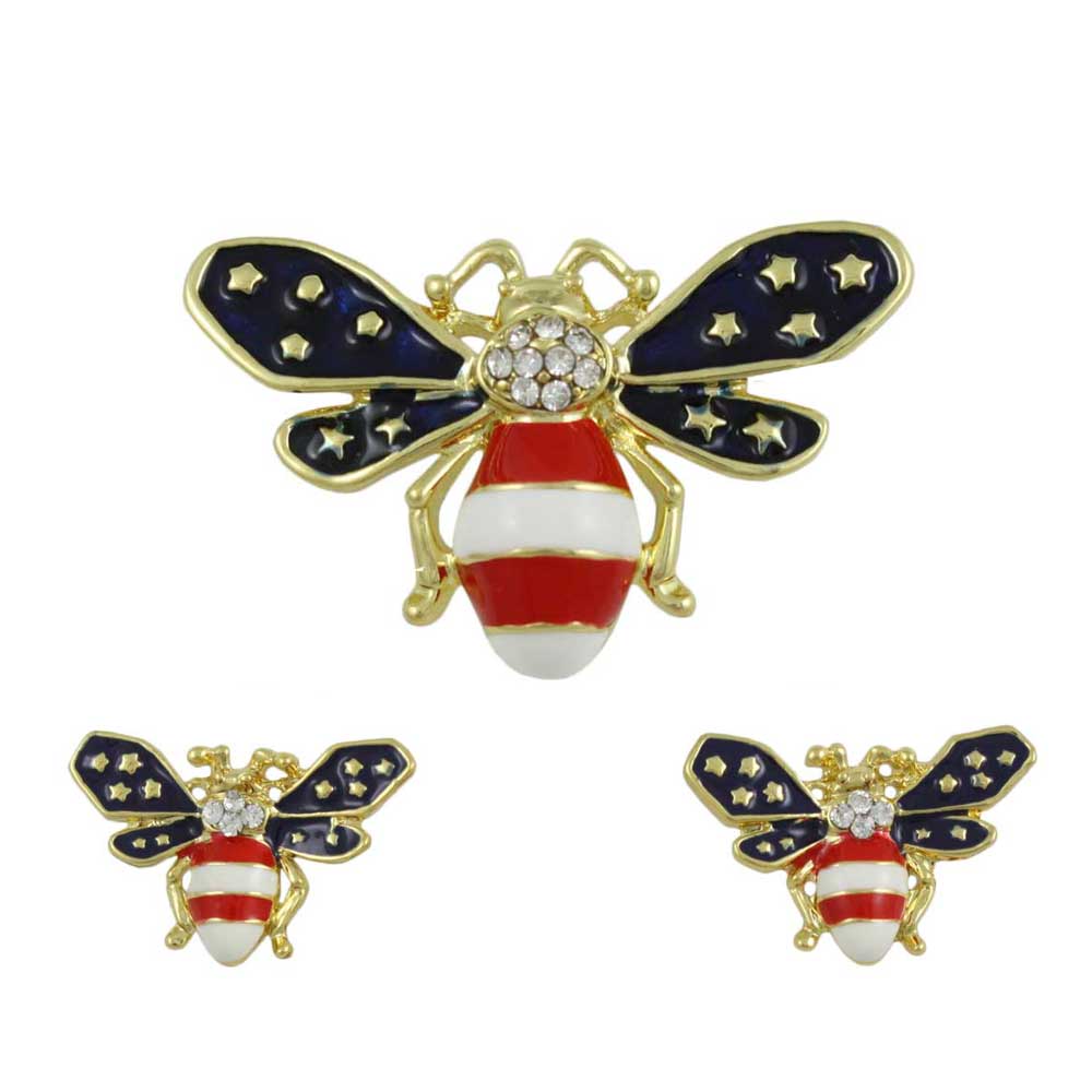 Lilylin Designs Patriotic Bee Brooch Pin and Earring Boxed Gift Set-unboxed
