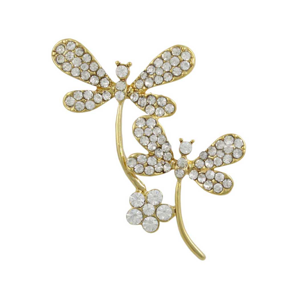 Clear Crystal Dragonflies with Daisy Brooch Pin - PRI478D - Lilylin Designs