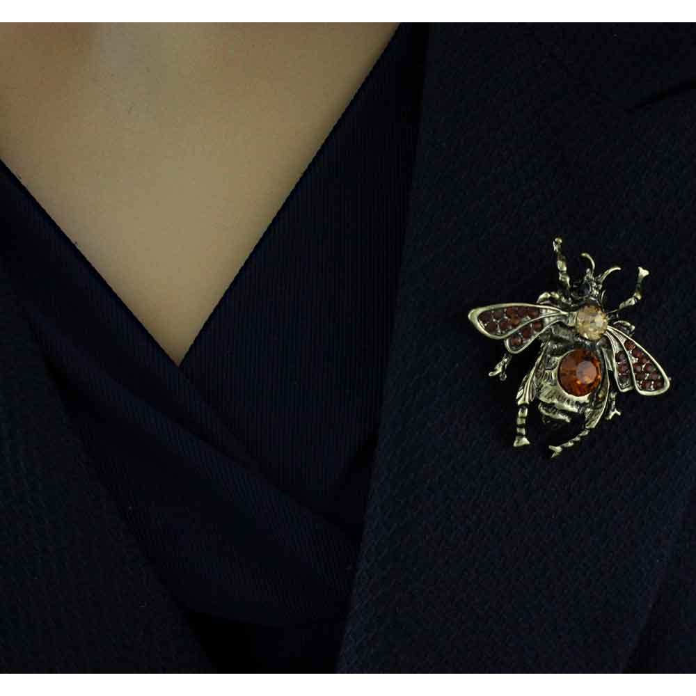 Antique Gold - tone Brown Crystal Fly Brooch Pin - PRI503 - Lilylin Designs