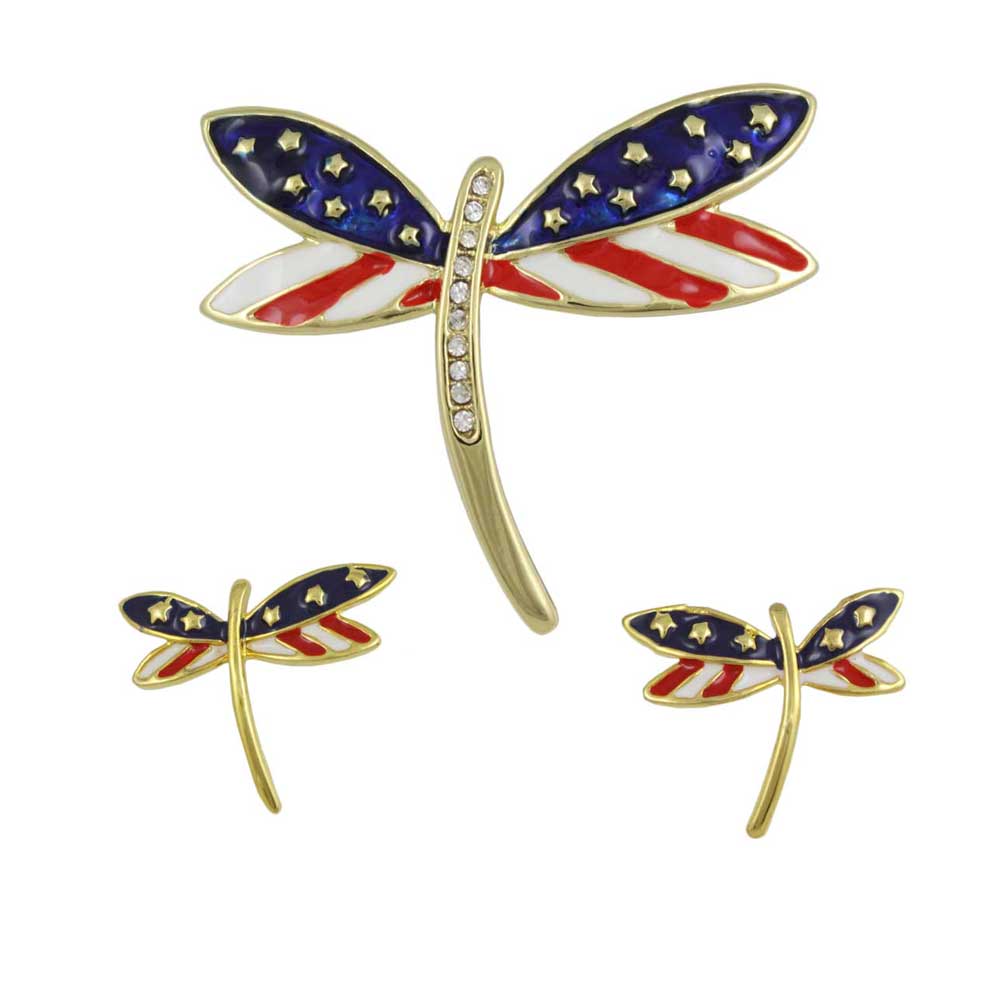 Lilylin Designs Patriotic Dragonfly Brooch Pin and Pierced Earring Gift Set-unboxed
