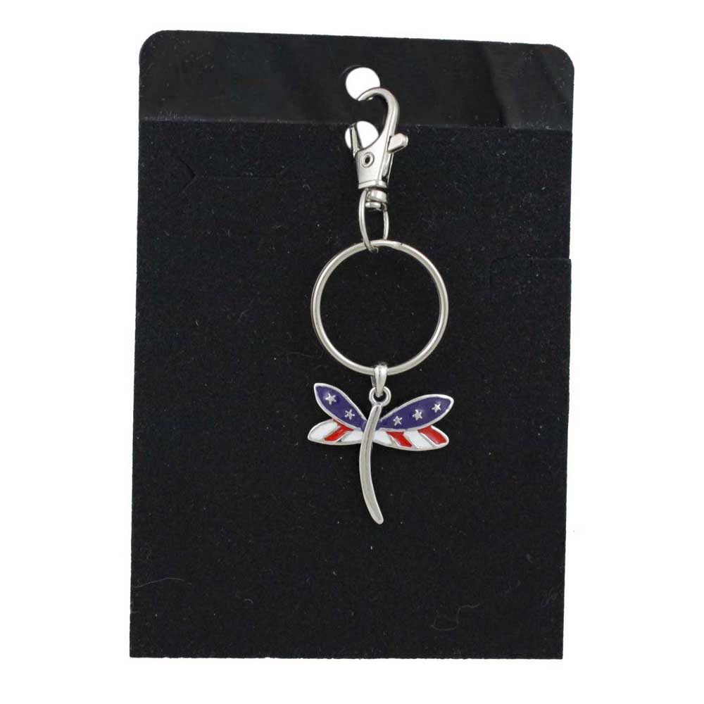 Dragonfly-shaped keychain with American flag design on a black card - Lilylin Designs