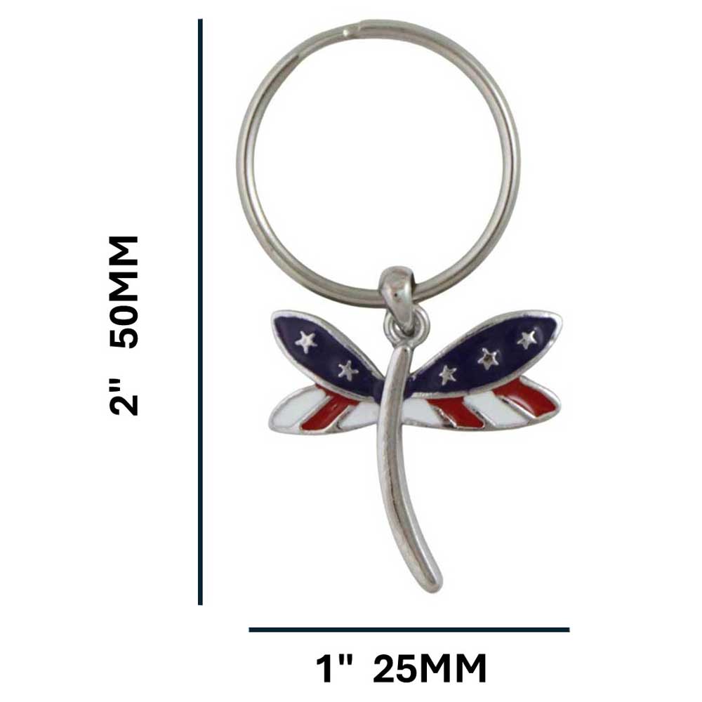 Keychain with dragonfly design featuring American flag colors on a white background with measurements - Lilylin Designs