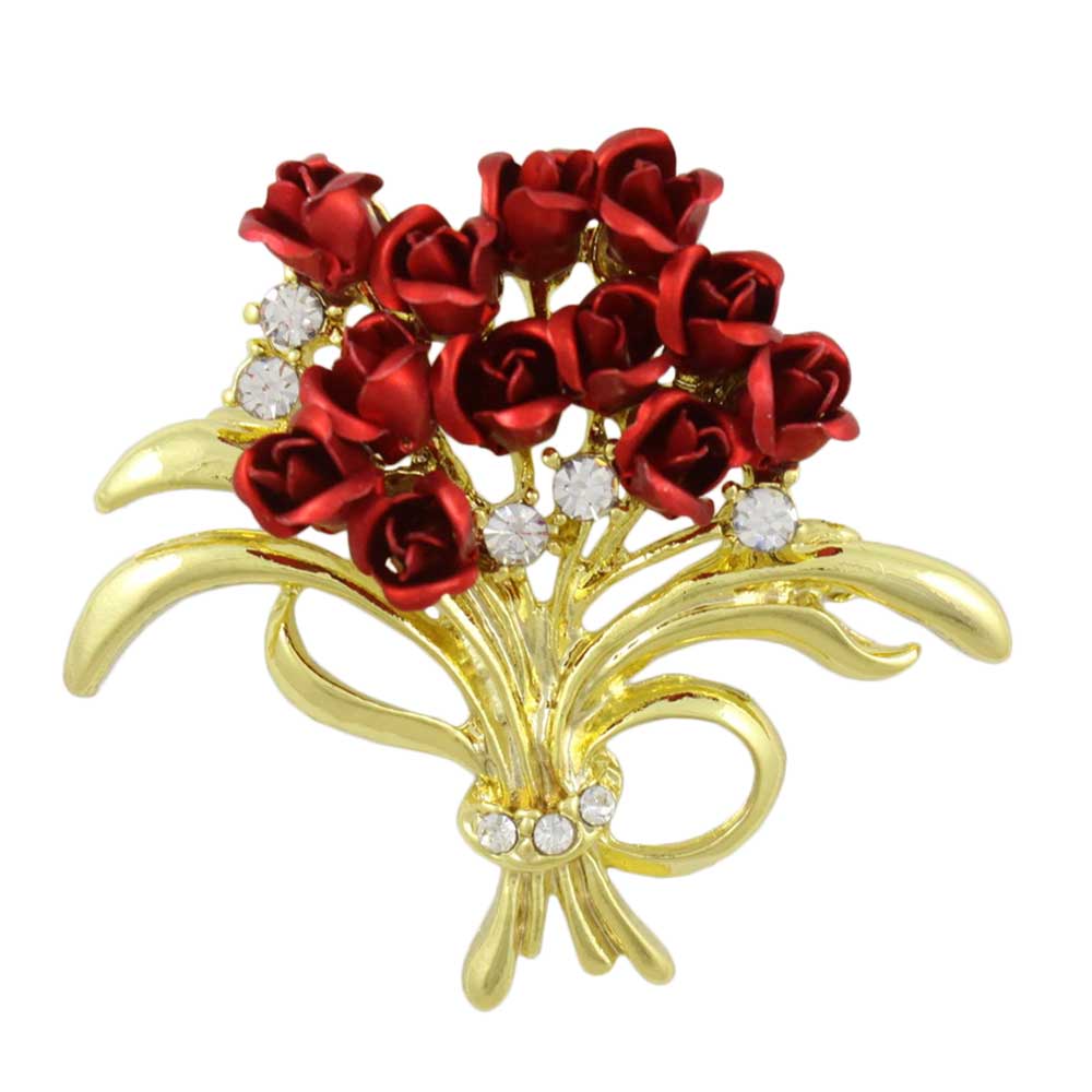Dozen Red Roses Bouquet with Crystals Flower Brooch Pin - PRL005 - Lilylin Designs