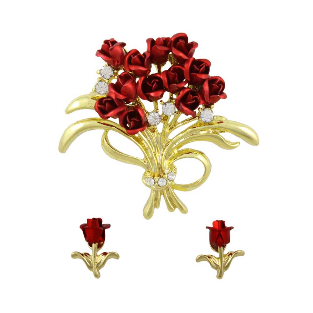 Dozen Red Roses Bouquet Brooch with Rose Earring Set - PRL005BS - Lilylin Designs