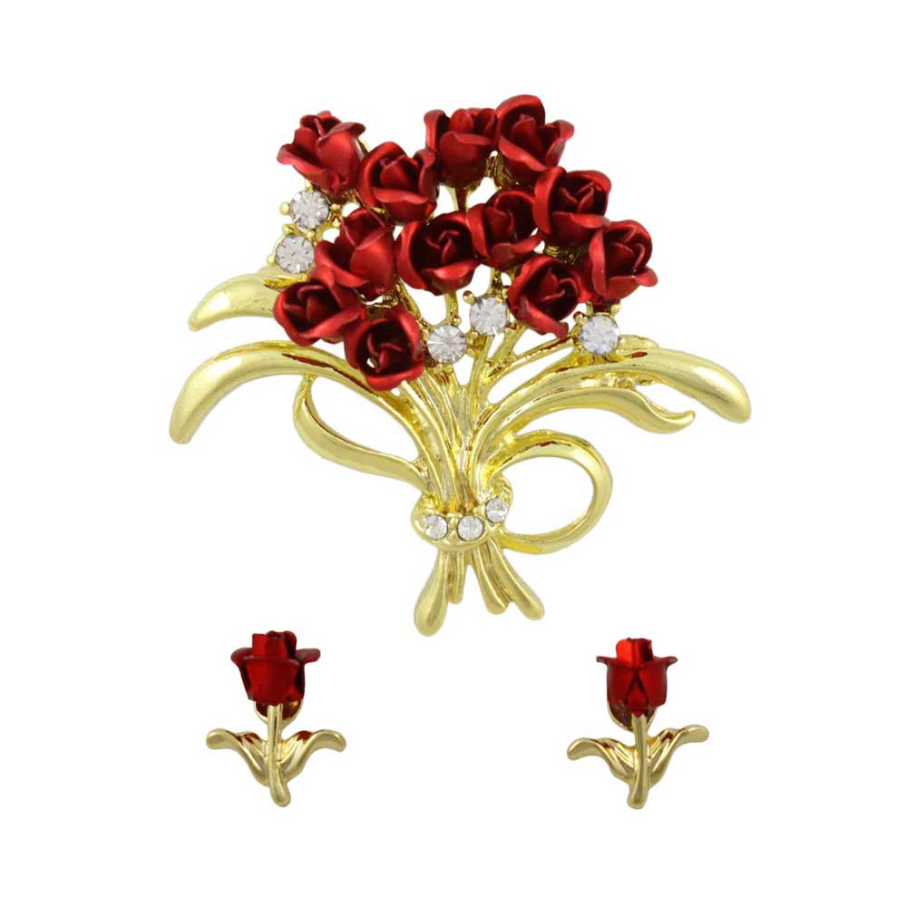 Lilylin Designs Dozen Red Roses Bouquet Pin and Rose Earring Set