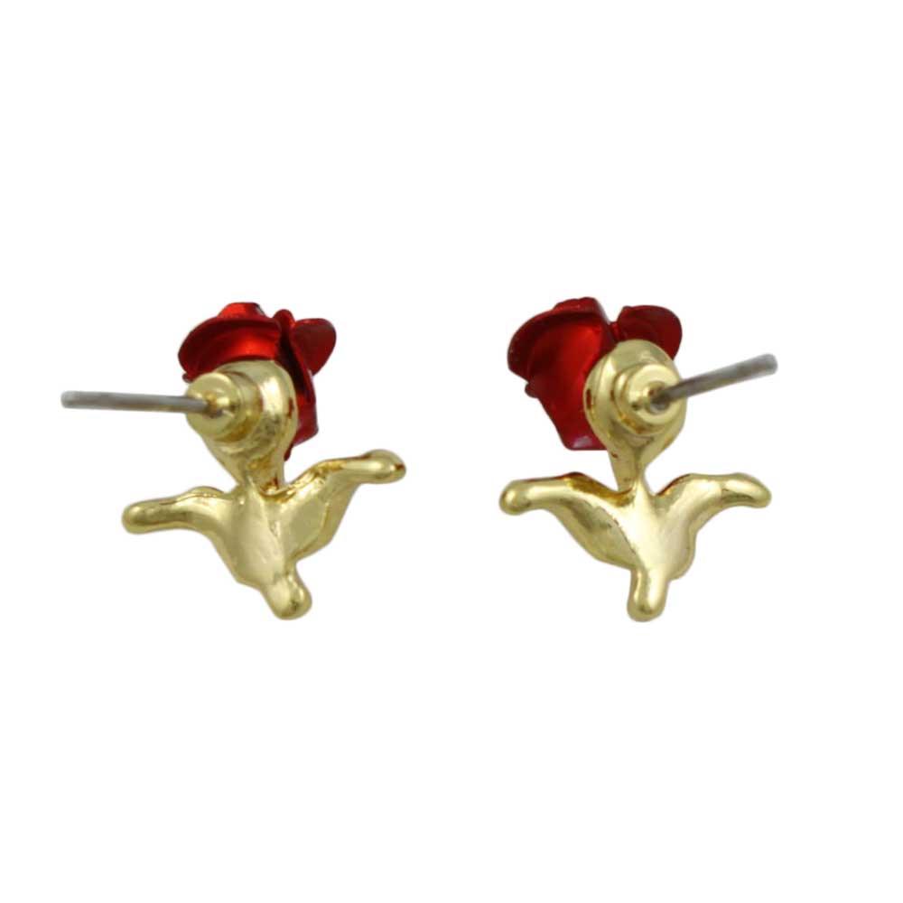 Red Rose Bud with Gold Stem Stud Pierced Earring - PRL005E - Lilylin Designs