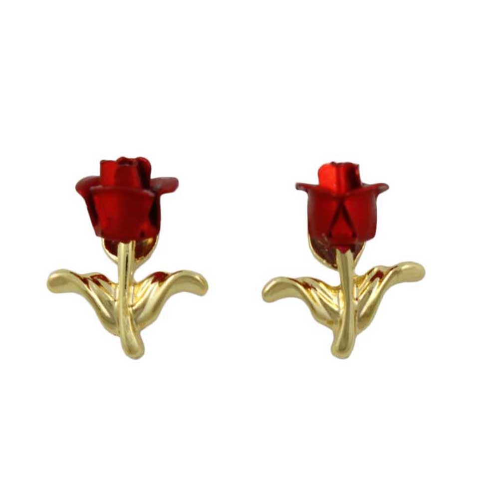 Red Rose Bud with Gold Stem Stud Pierced Earring - PRL005E - Lilylin Designs