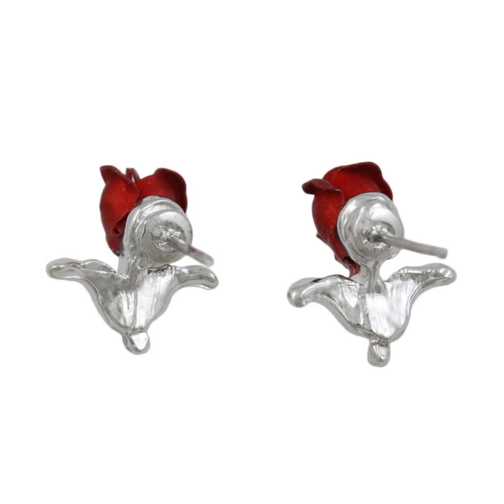 Red Rose Bud with Silver Leaves Stud Pierced Earring - PRL005SE - Lilylin Designs