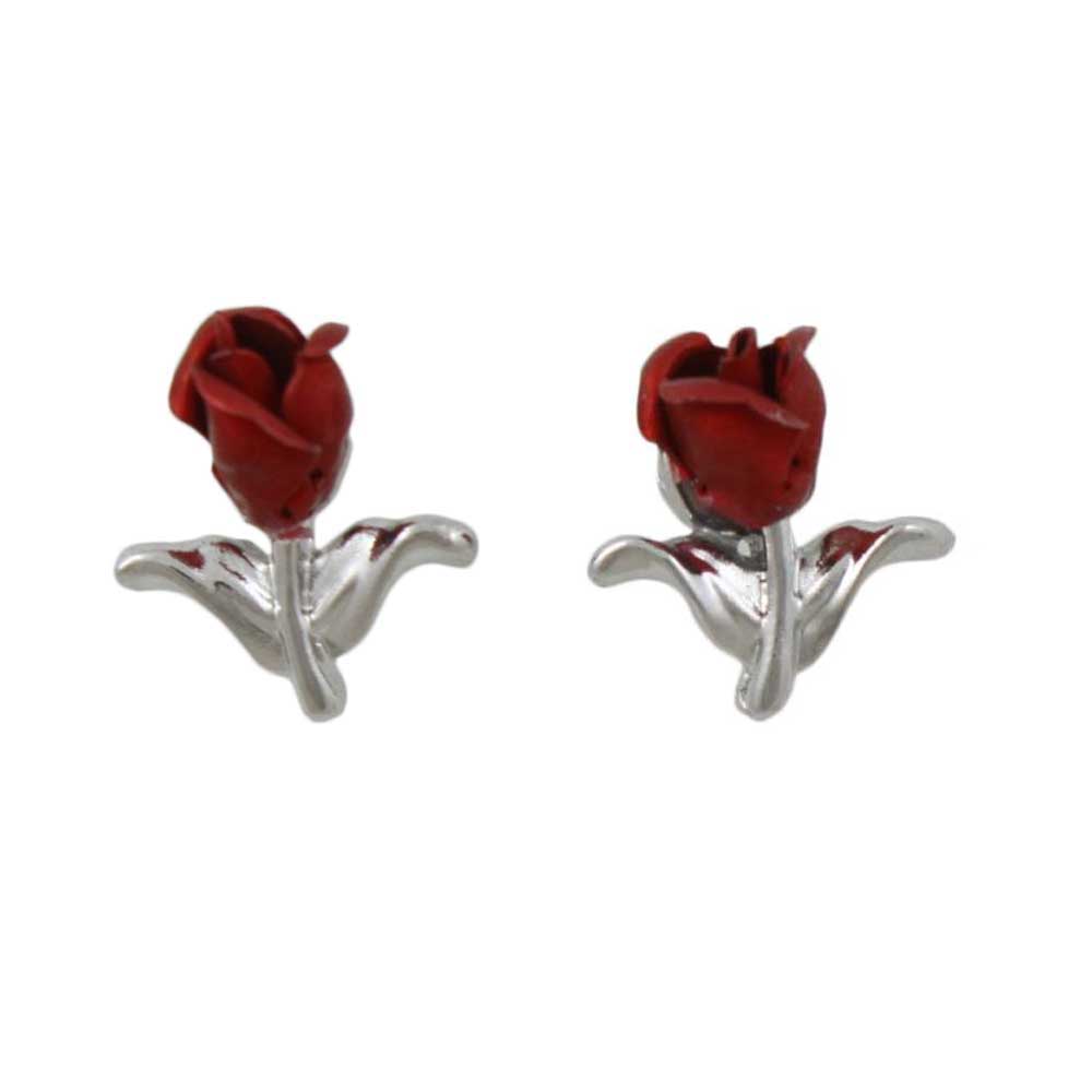 Red Rose Bud with Silver Leaves Stud Pierced Earring - PRL005SE - Lilylin Designs