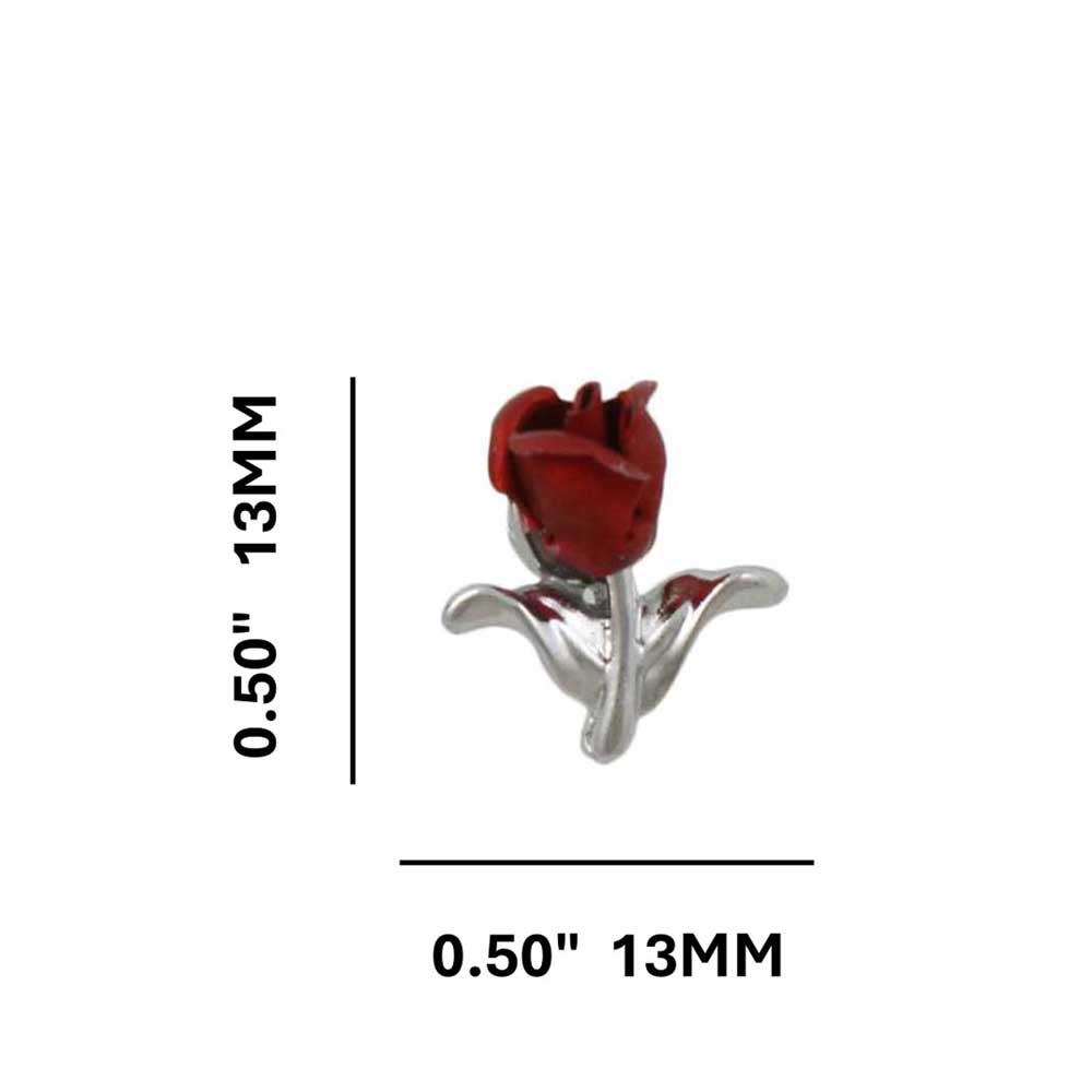 Red Rose Bud with Silver Leaves Stud Pierced Earring - PRL005SE - Lilylin Designs