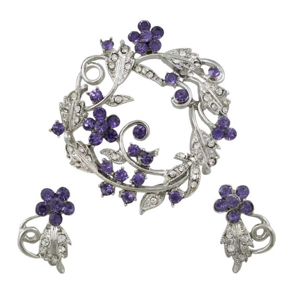 Purple Crystal Wreath Brooch Pin and Daisy Earring Set - PRL029BS - Lilylin Designs