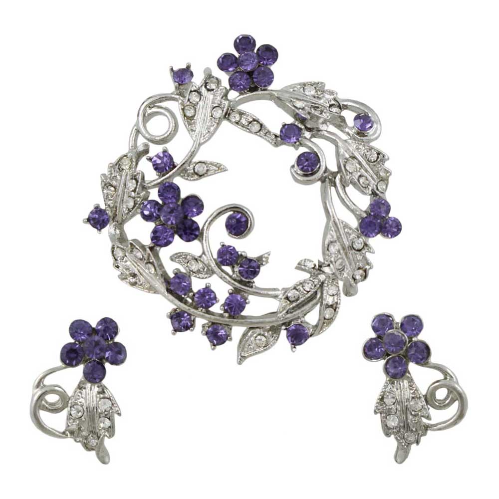 Lilylin Designs Purple Crystal Wreath Brooch Pin and Earring Set