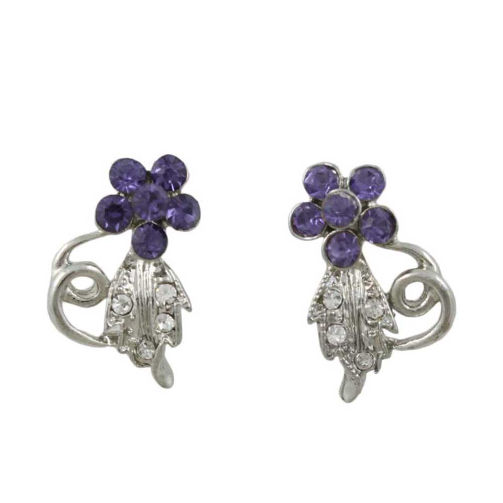 Purple Crystal Daisy with Silver Leaves Pierced Earring - PRL029E - Lilylin Designs
