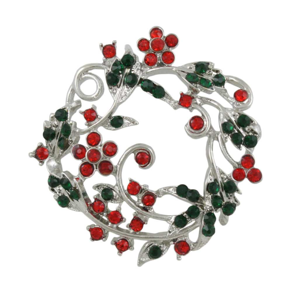 Red and Green Crystal Daisy Christmas Wreath Brooch Pin - PRL029X - Lilylin Designs