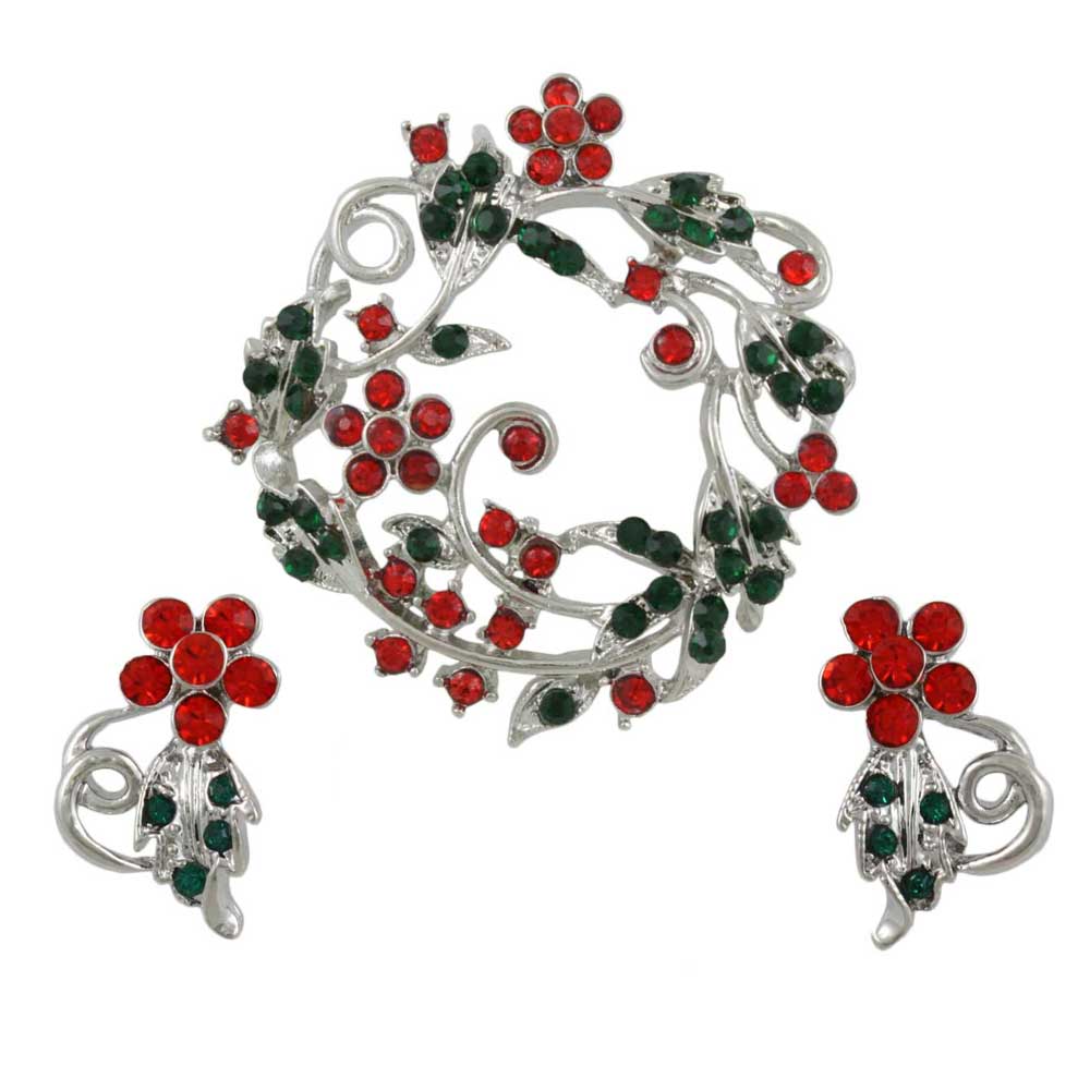 Lilylin Designs Red and Green Crystal Floral Christmas Wreath Pin and Earring Gift Set-unboxed