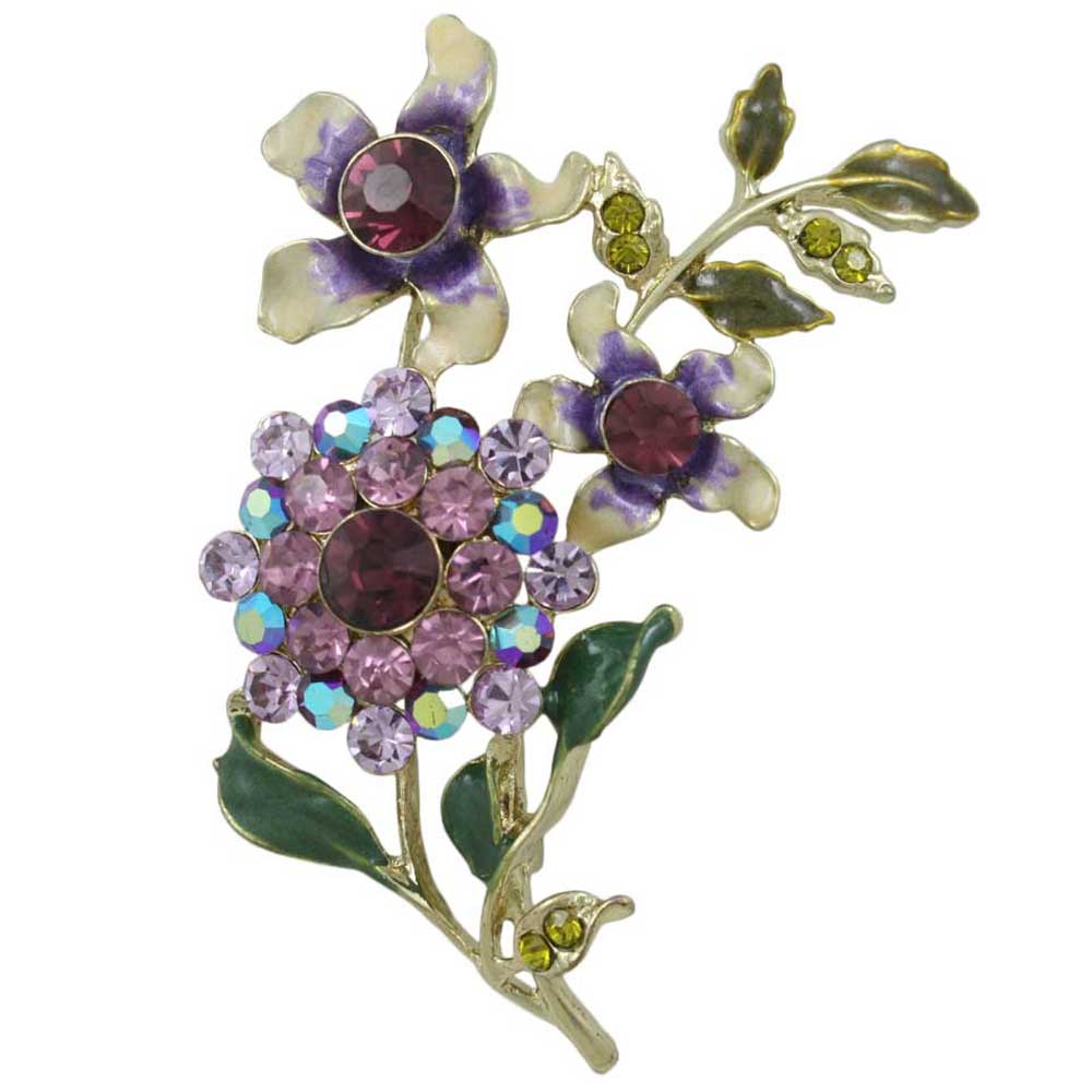 Lilylin Designs Cream and Purple Enamel and Crystal Flowers Brooch Pin