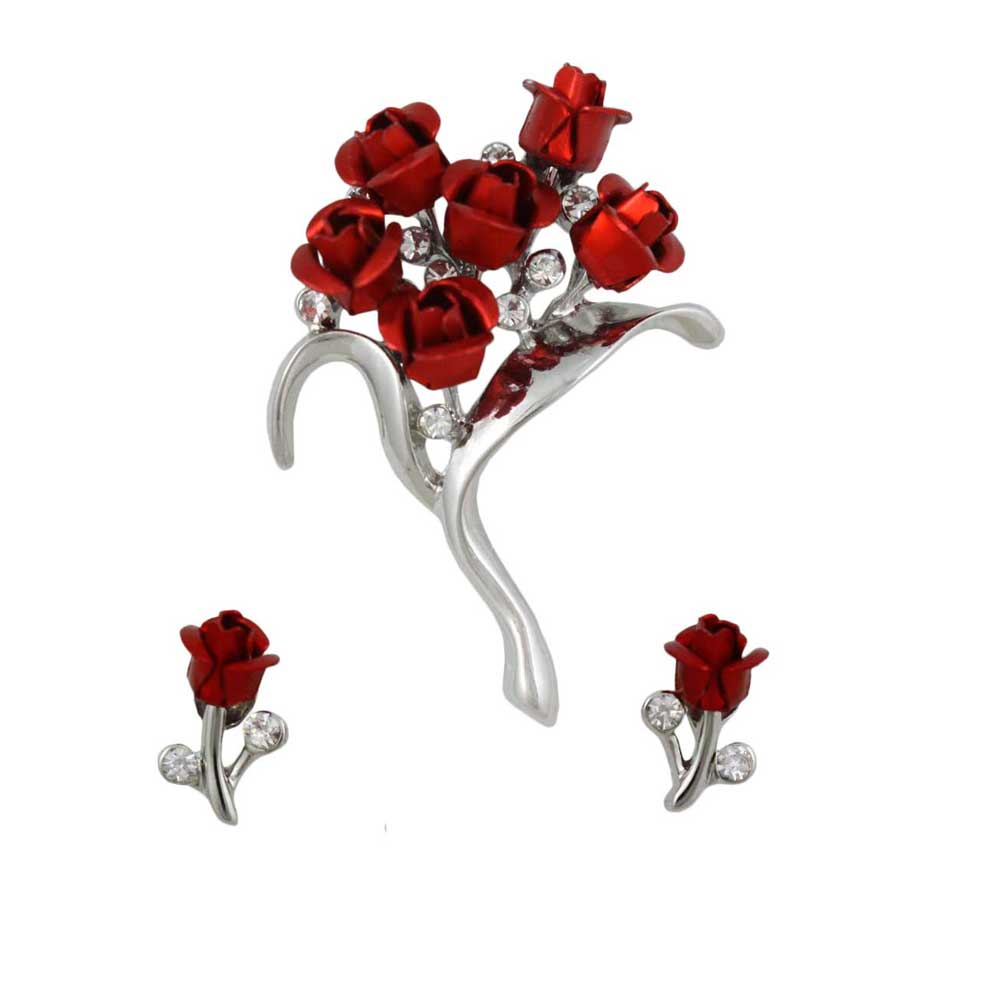 Bouquet of Red Roses Brooch Pin and Rose Earring Set - PRL105SBS - Lilylin Designs