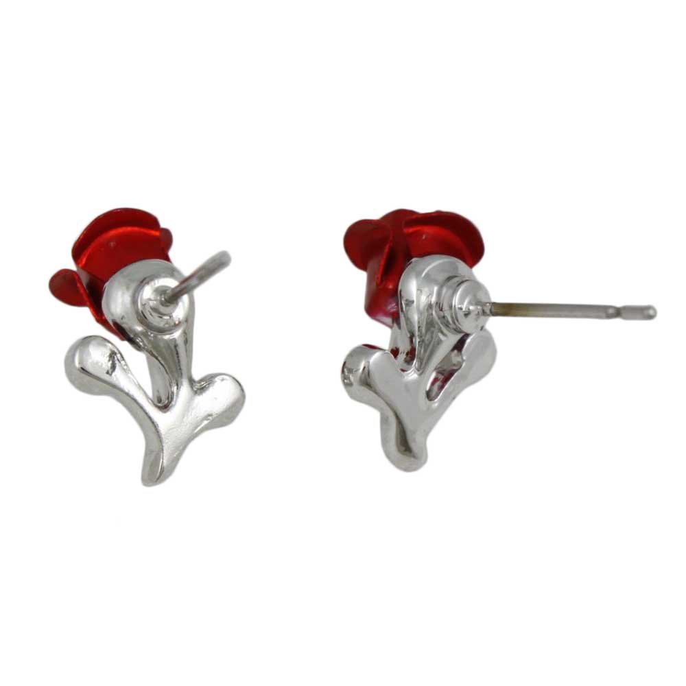 Red Rose Bud with Crystal Pierced Earring - PRL105SE - Lilylin Designs
