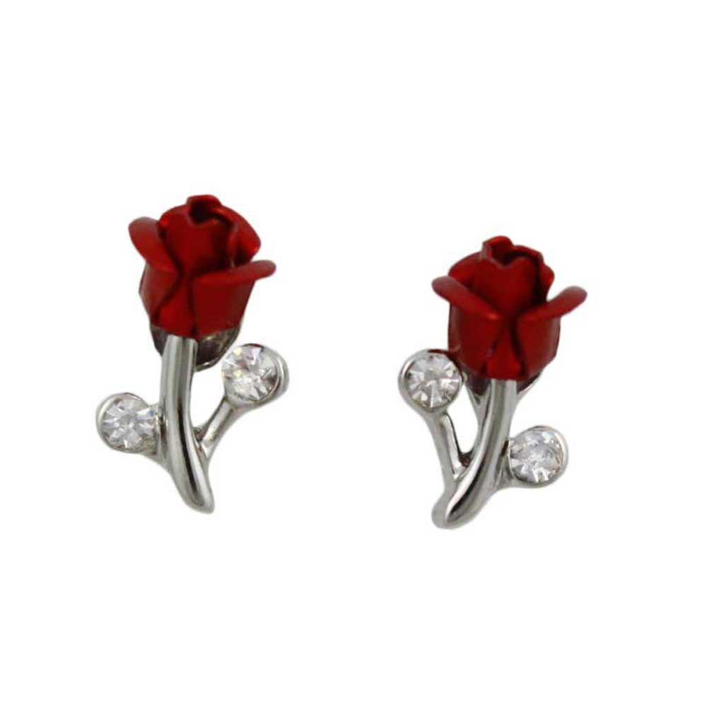 Red Rose Bud with Crystal Pierced Earring - PRL105SE - Lilylin Designs