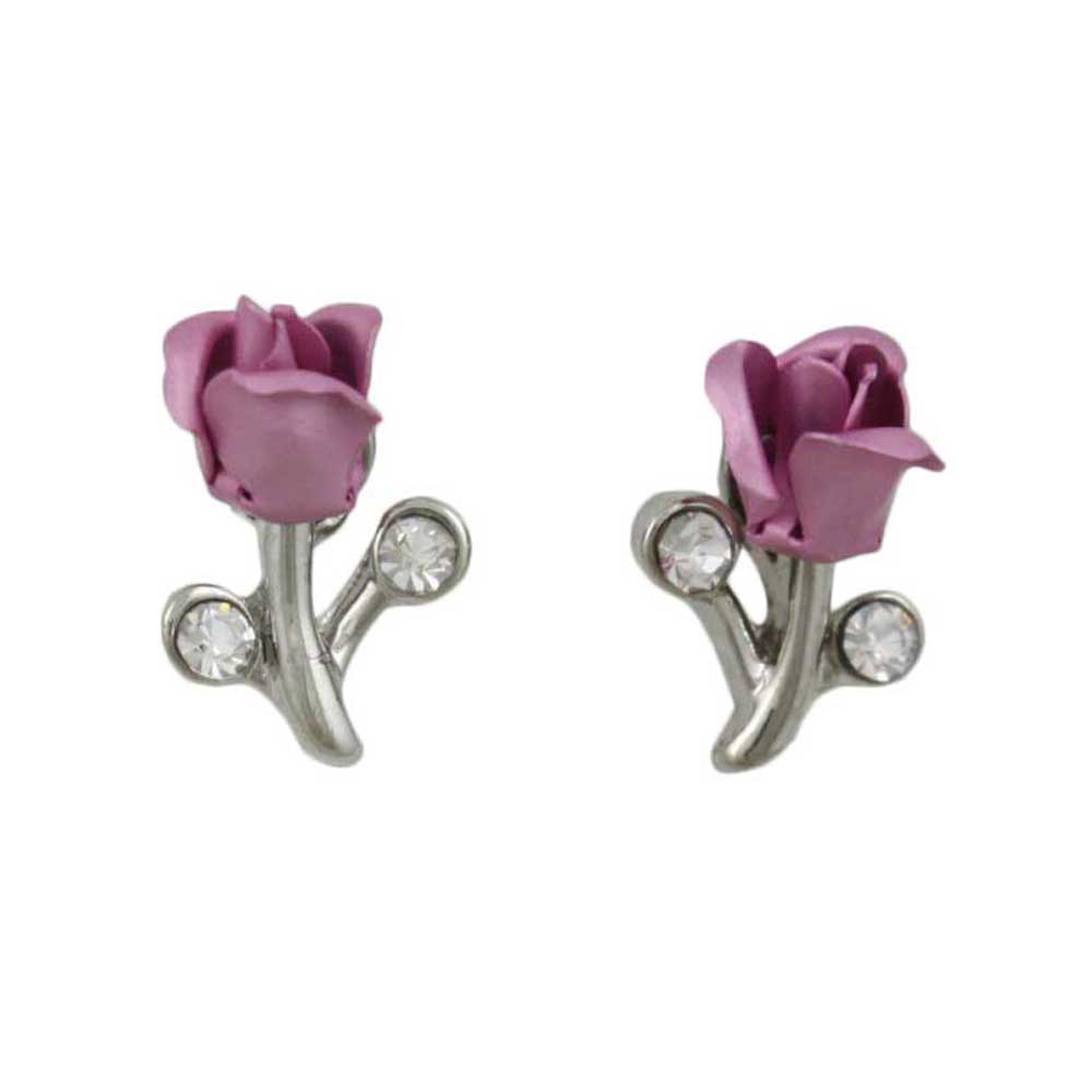 Lavender Rose Bud with Crystal Pierced Earring - PRL105SEP - Lilylin Designs