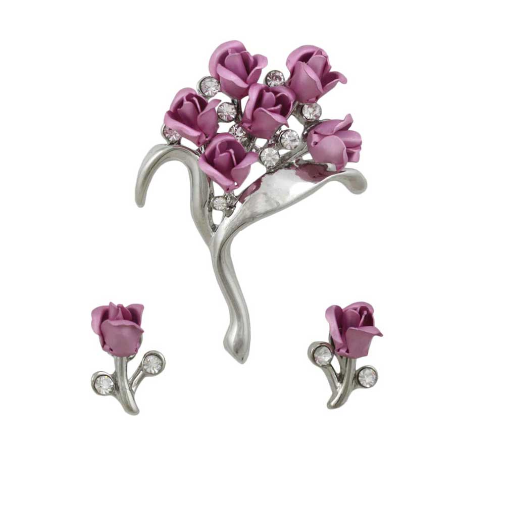 Bouquet of Lavender Roses Pin and Rose Earring Set - PRL105SPBS - Lilylin Designs