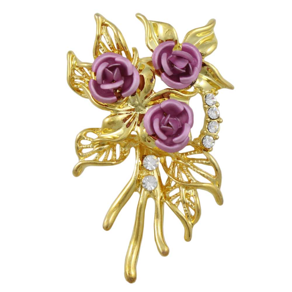 Gold Leaves with 3 Pink Roses Flower Brooch Pin - PRL130KP - Lilylin Designs
