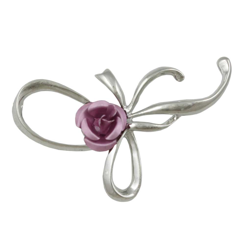 Lilylin Designs Silver-tone Fancy Bow with Pink Rose Flower Brooch Pin