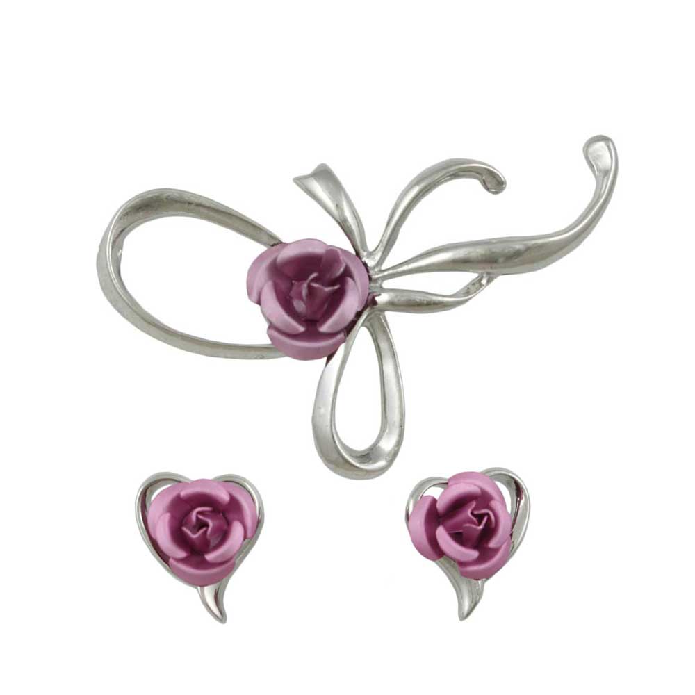 Bow with Pink Rose Pin and Pink Rose Stud Earring Set - PRL132BS - Lilylin Designs